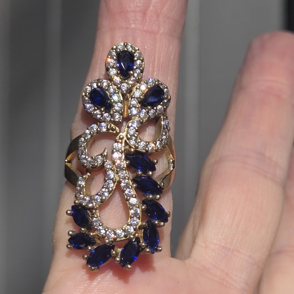Sapphire & Topaz Sterling Gold & Bronze Cocktail Ring Sz7.75